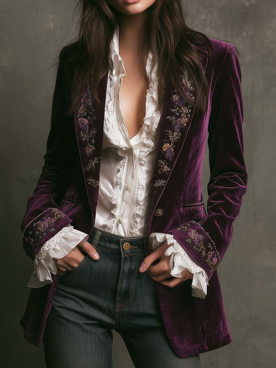 Women's Vintage Velvet Embroidered Blazer Long Jacket