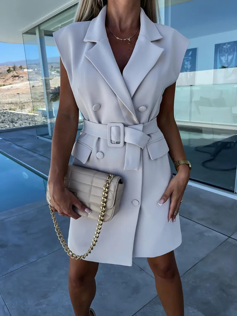 Women's Elegant Short Sleeve Formal Blazer Dress with Belt and Buttons | Perfect for Casual Days