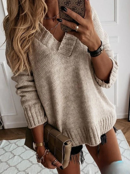 Women's Elegant Khaki V-neck Knit Jumper | Ideal for Winter