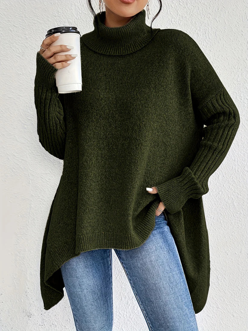Casual Asymmetric Hem Turtle Neck Sweater with Long Sleeves for Women | Perfect for Casual Days