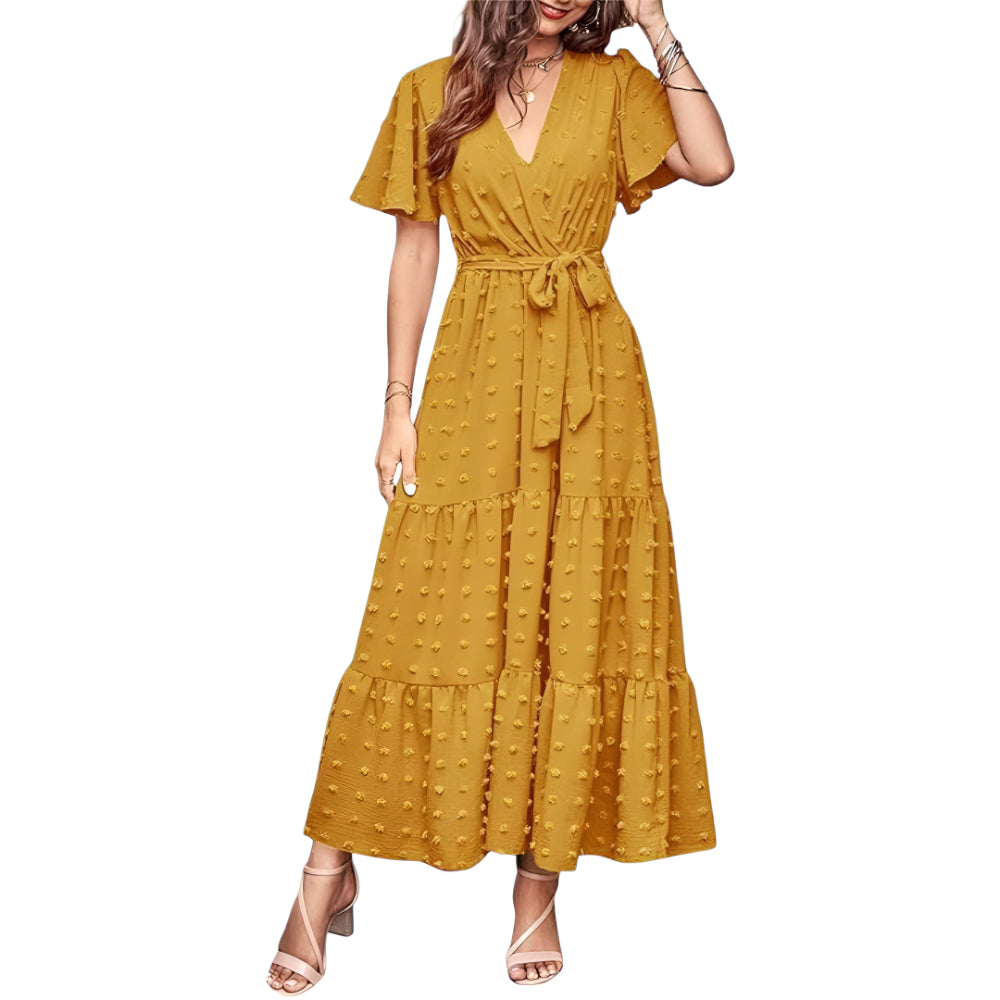 Comfortable Flowy Plunging Neck Short Sleeve Midi Formal Dress for Women | For Formal Occasions