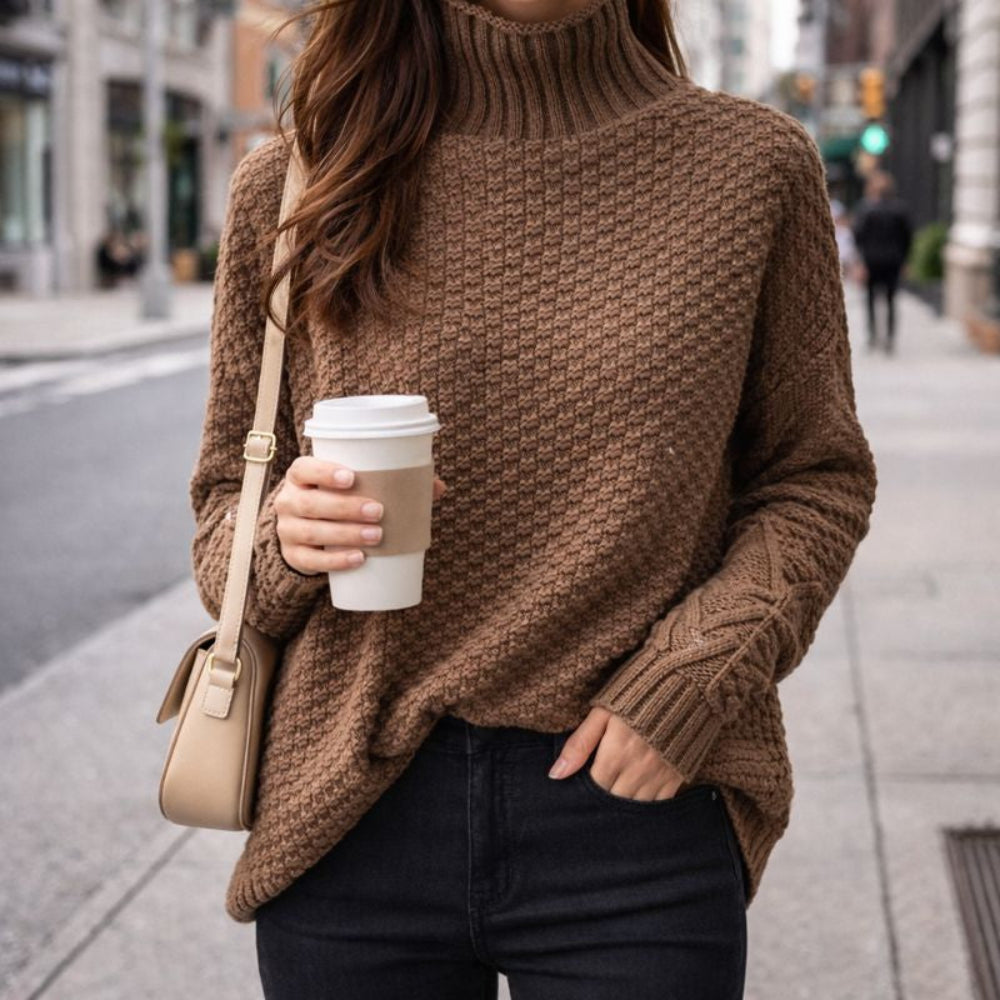 Turtleneck Sweater Women Brown Long Sleeve Winter Top