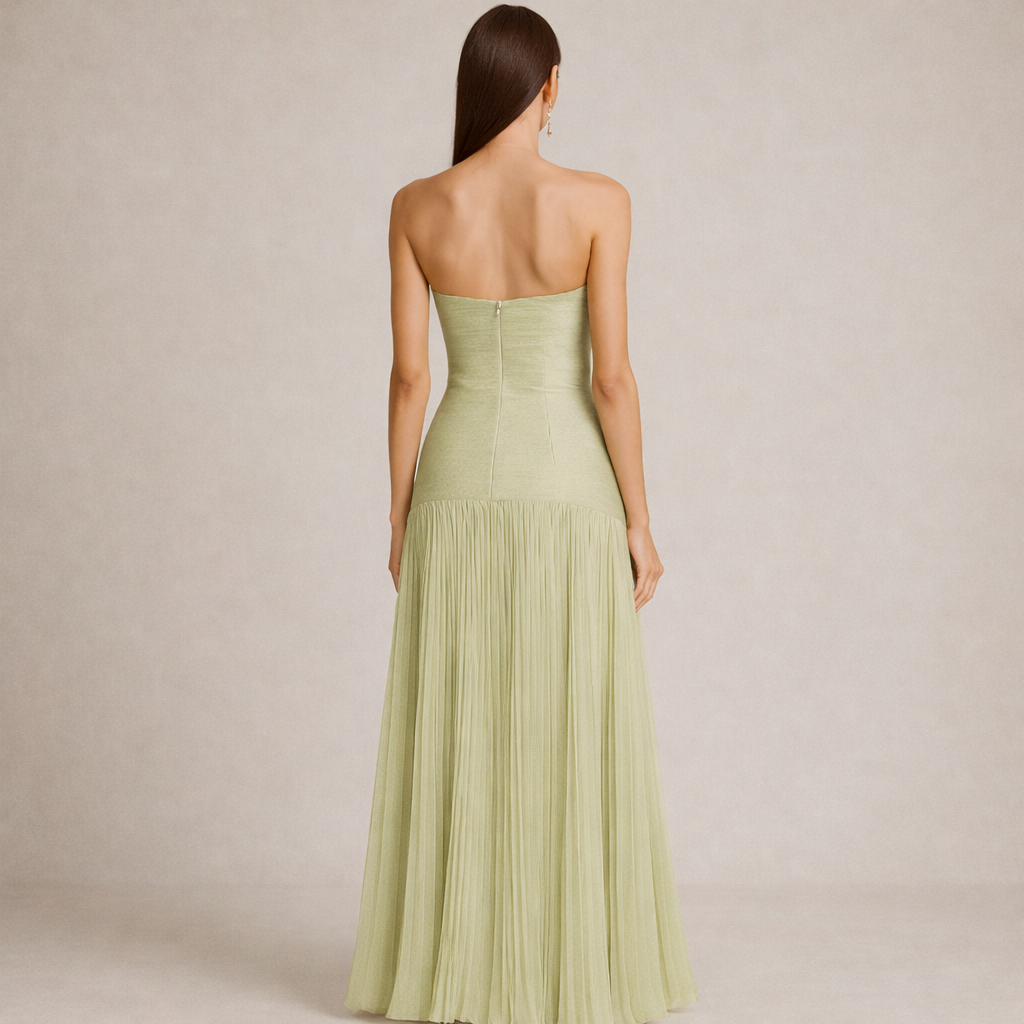 Strapless Maxi Dress Pleated Wedding Guest Gown Light Green