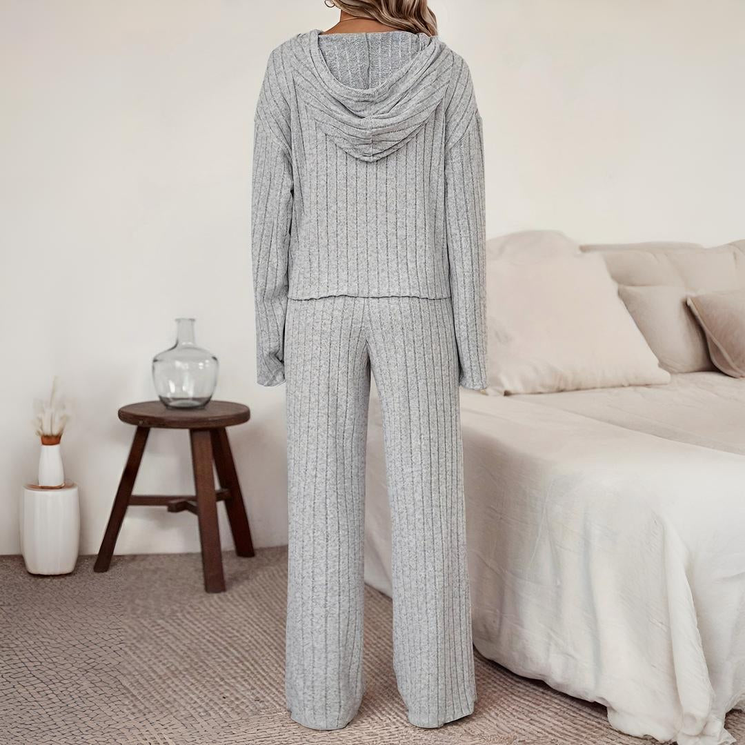 Women's Casual Solid Colour Hoodie and Straight Leg Pants Two Piece Set with Drawstring | Perfect for Casual Days