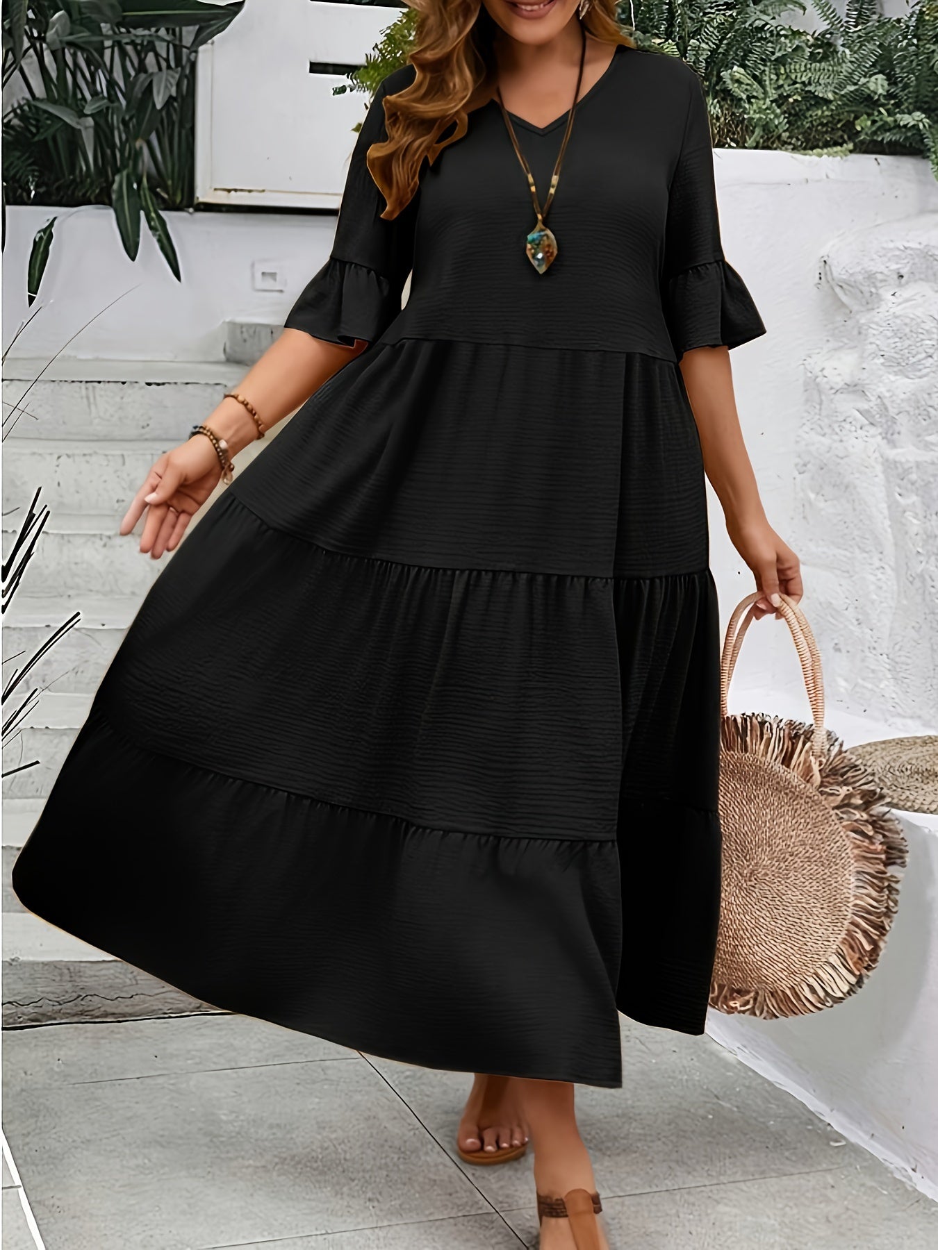 Women's Elegant Plus Size Dress with Flattering V-Neckline