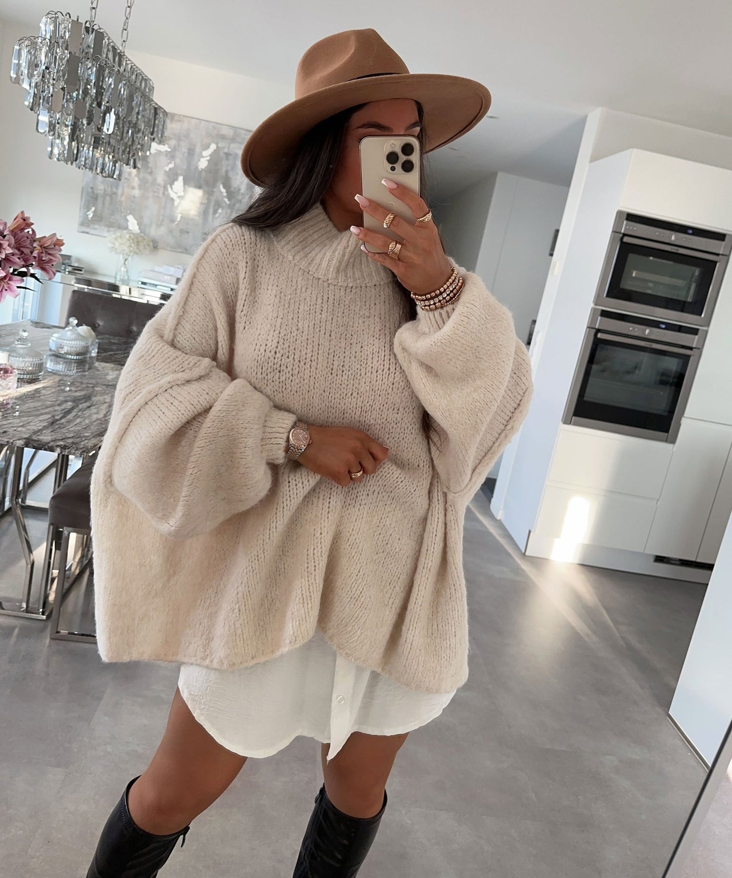 Women's Beige Oversized Cashmere Turtleneck Jumper | Ideal for Winter