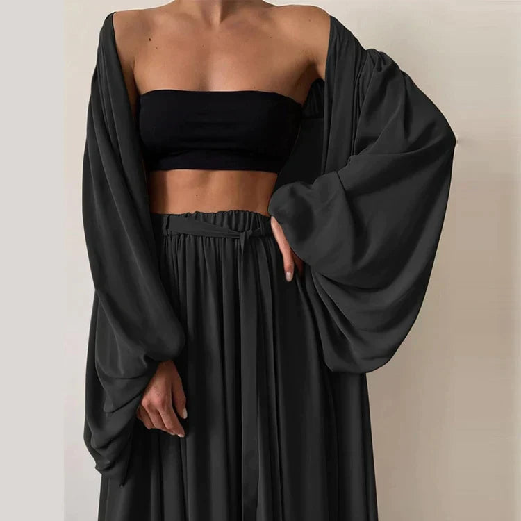 Women's Stylish 3-Piece Knitted Co-Ord Set with Lantern Sleeve Cardigan and Wide Leg Trousers | Ideal for Spring/Summer
