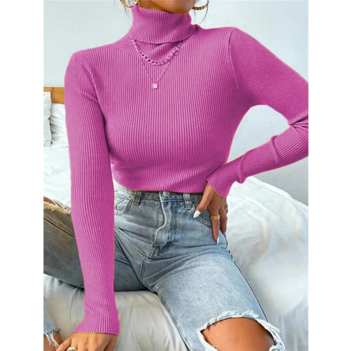 Women's Fitted Turtleneck Sweater with Ribbed Knit | Ideal for Autumn/Winter