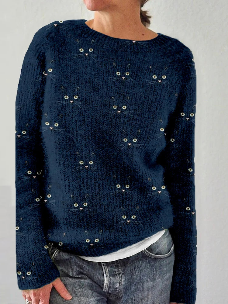 Women's Cozy Cat Faces Print Knit Round Neck Jumper | Ideal for Winter