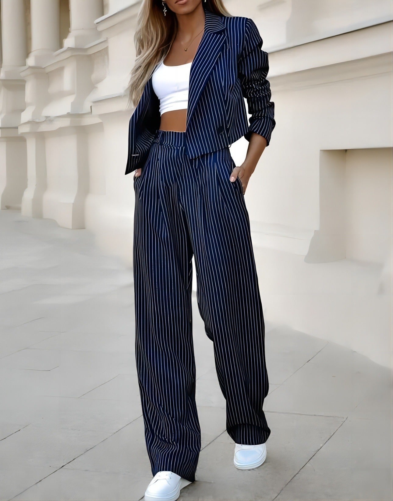 Elegant Tweed Style Crop Suit And High Waist Wide Leg Pants Blazer Set for Women | Chic & Ideal for All Seasons