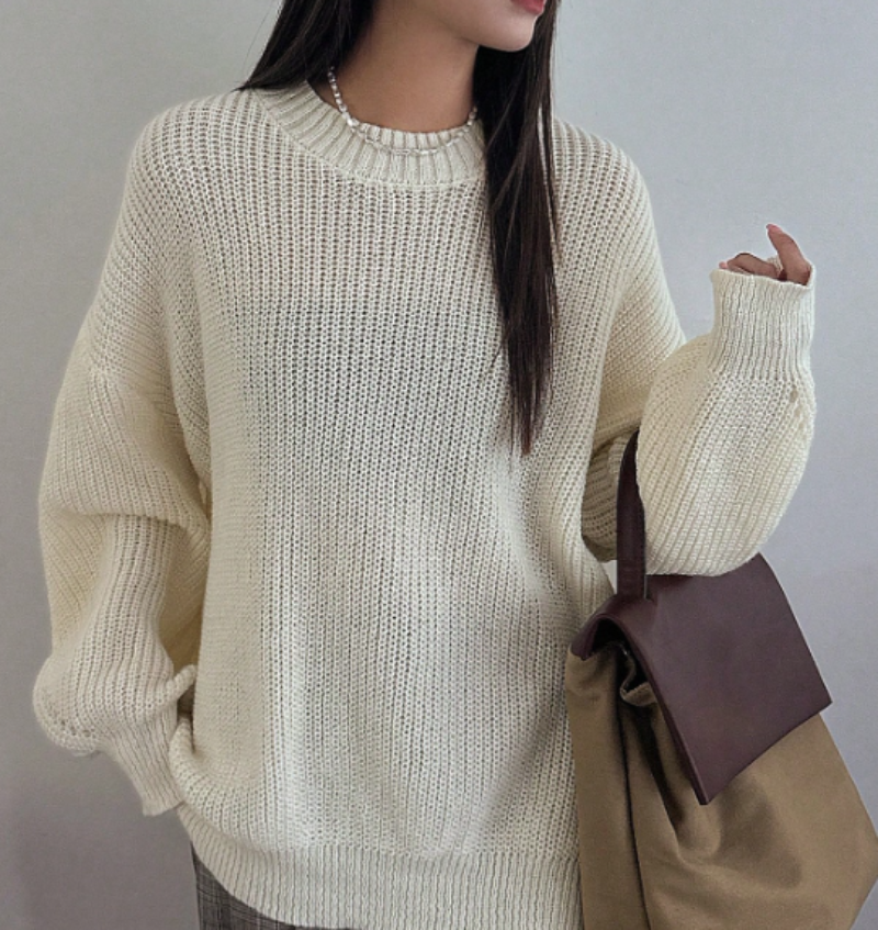Women's Loose Knitted Plain round neck Jumper