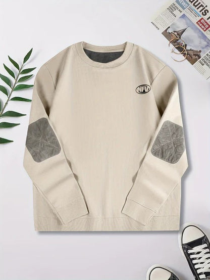 Men's Casual Loose Round Neck Sweatshirt with Elbow Patches | Ideal for Autumn/Winter