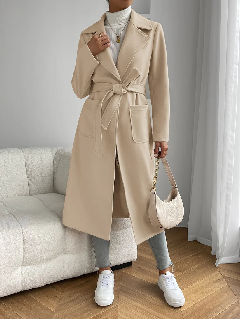 Elegant Patched Pocket Long Length Trench Coat With Solid Color Long Sleeves For Women | Ideal for Every Season