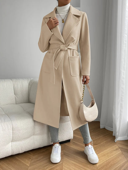 Elegant Patched Pocket Long Length Trench Coat With Solid Color Long Sleeves For Women | Ideal for Every Season