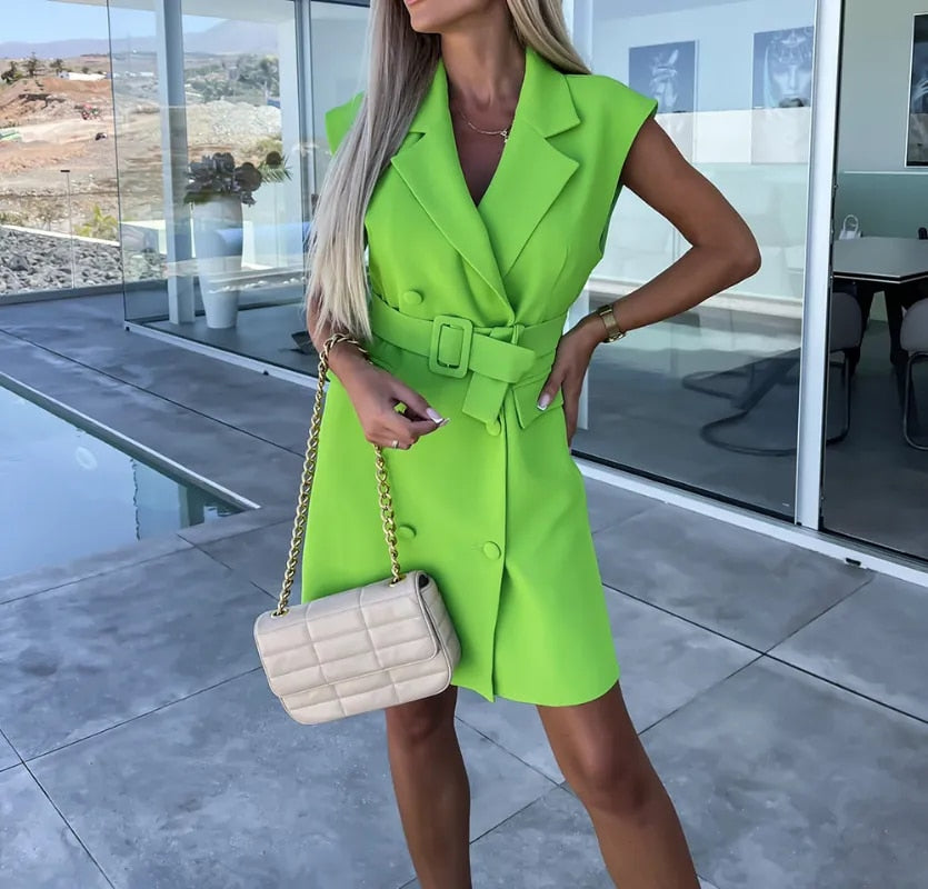 Women's Elegant Short Sleeve Formal Blazer Dress with Belt and Buttons | Perfect for Casual Days