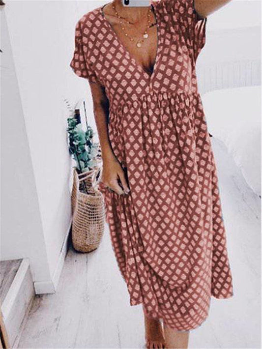 Women's Summer Long Dress with Short Sleeves and V-Neckline | Ideal for Summer