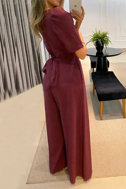 Women's Elegant Wide-Leg V-Neck Short Sleeve Jumpsuit  | Ideal for Summer