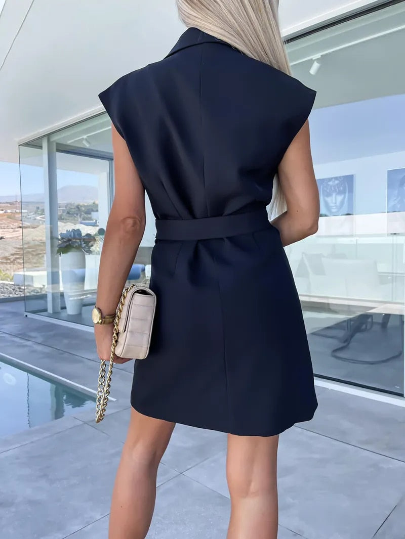 Women's Elegant Short Sleeve Formal Blazer Dress with Belt and Buttons | Perfect for Casual Days