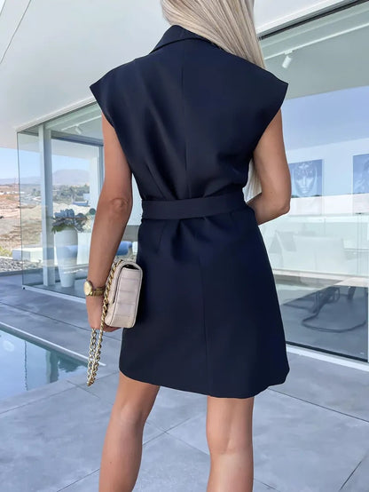 Women's Elegant Short Sleeve Formal Blazer Dress with Belt and Buttons | Perfect for Casual Days
