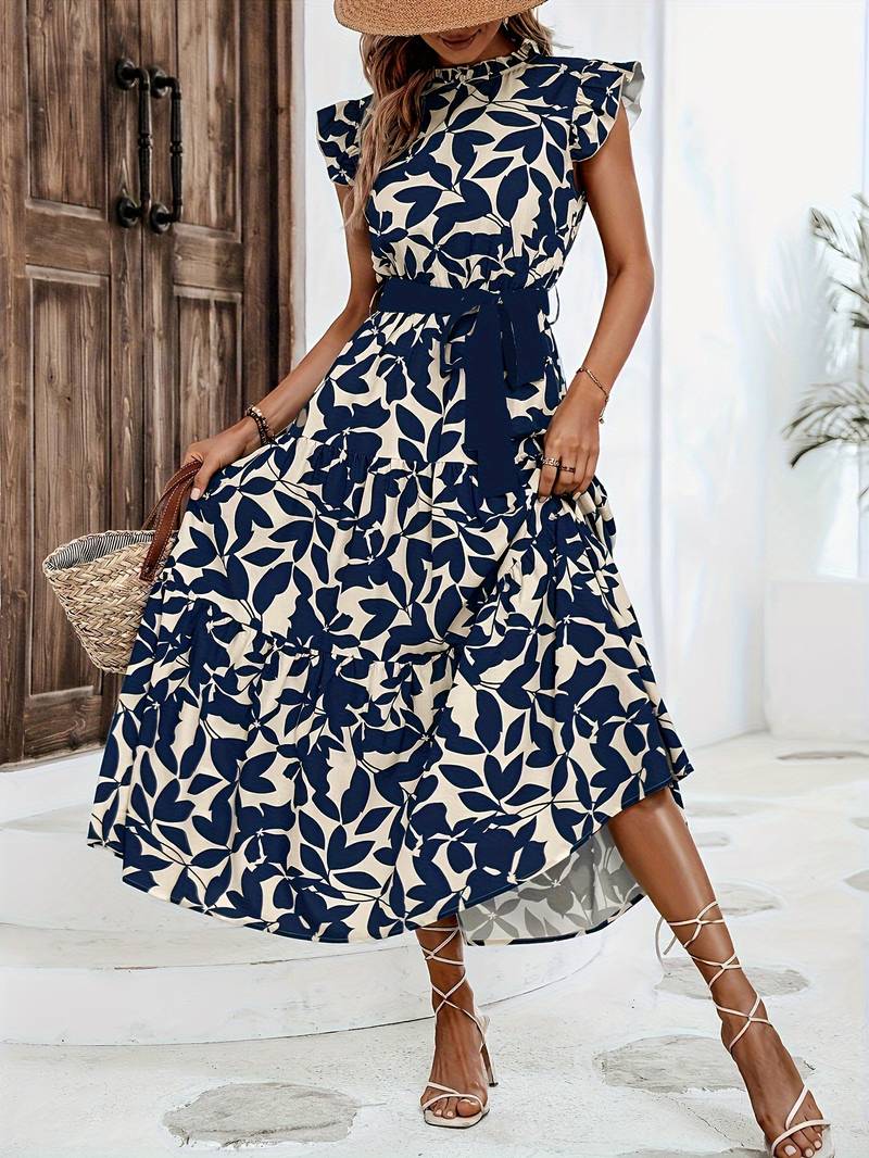 Women's Airy Floral Print Dress with Lace-Up Neckline