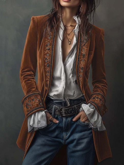 Women's Vintage Velvet Embroidered Blazer Long Jacket