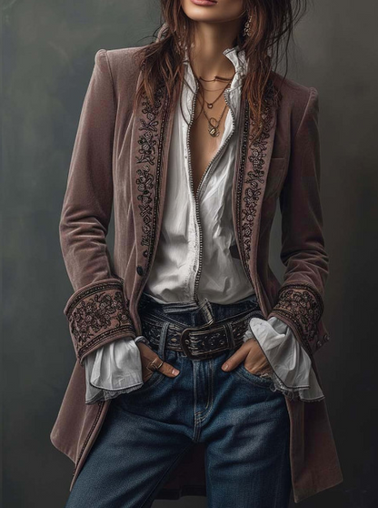 Women's Vintage Velvet Embroidered Blazer Long Jacket