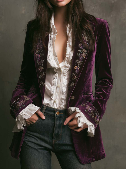 Women's Vintage Velvet Embroidered Blazer Long Jacket