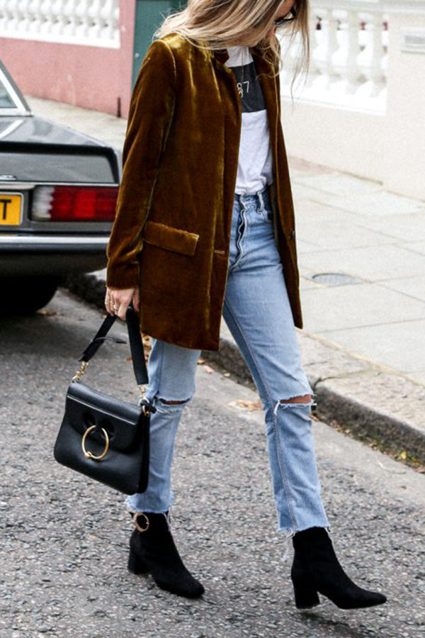 Women's Long Velvet Blazer with Pocket | Perfect for Casual Days