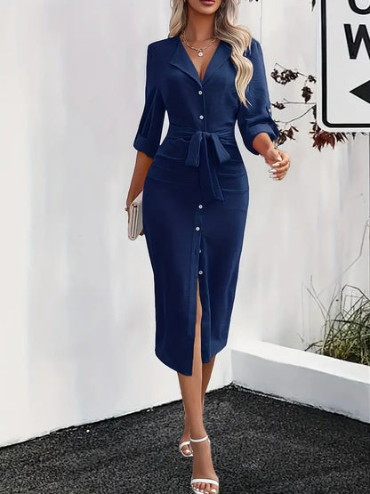 Women's Elegant Cotton Dress with Button Placket and Waist Belt
