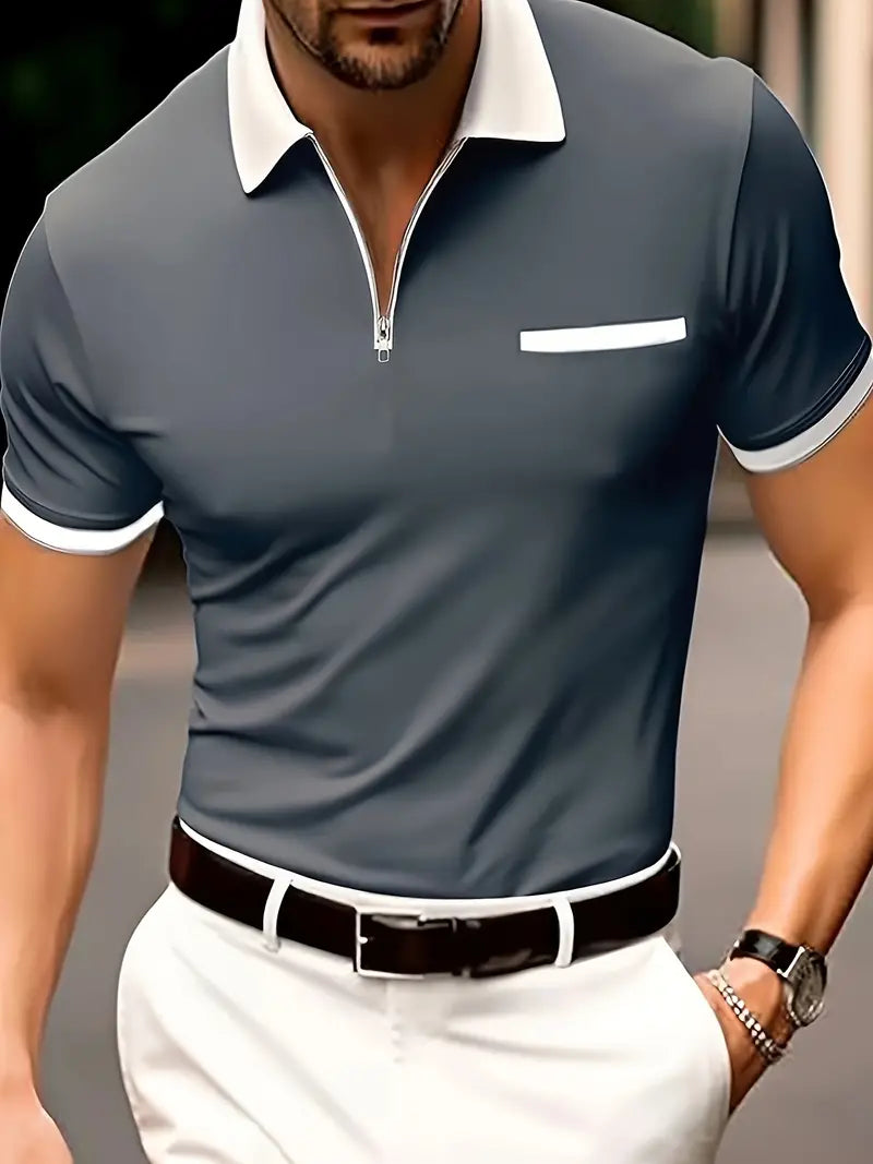 Men's Breathable Moisture-Wicking Golf Polo Shirt with V-Neck Design