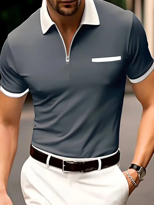 Men's Breathable Moisture-Wicking Golf Polo Shirt with V-Neck Design