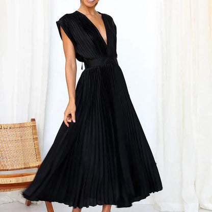 Women's Elegant Pleated Maxi Dress with V-Neck Design