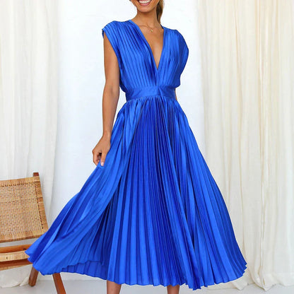 Women's Elegant Pleated Maxi Dress with V-Neck Design