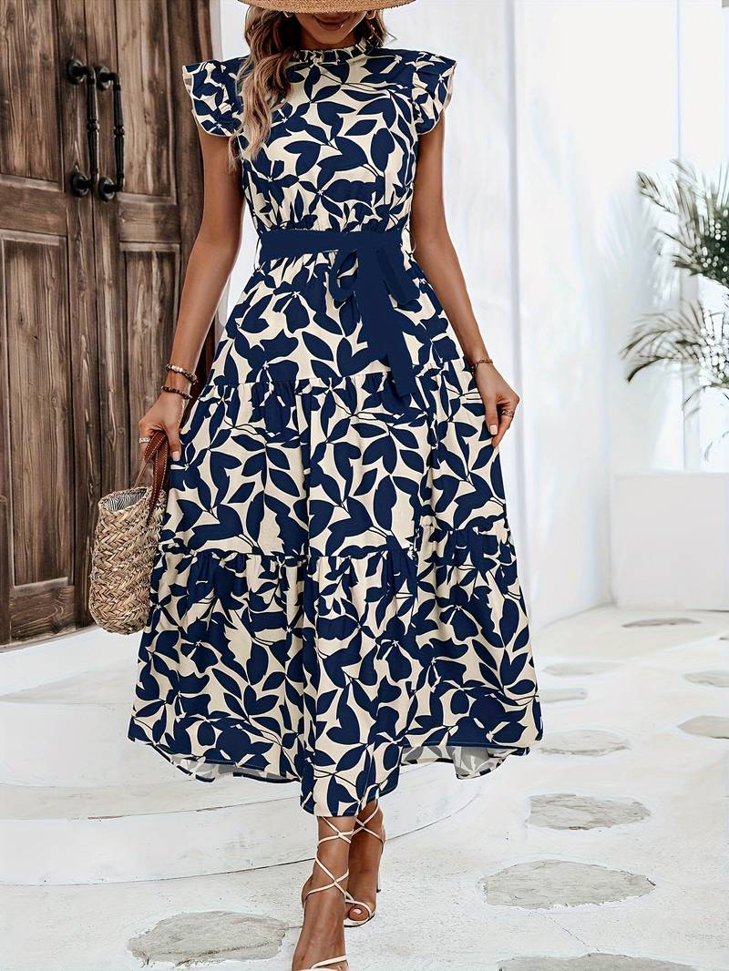 Women's Airy Floral Print Dress with Lace-Up Neckline