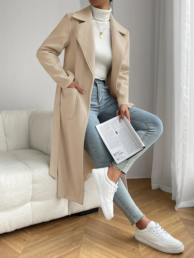 Elegant Patched Pocket Long Length Trench Coat With Solid Color Long Sleeves For Women | Ideal for Every Season