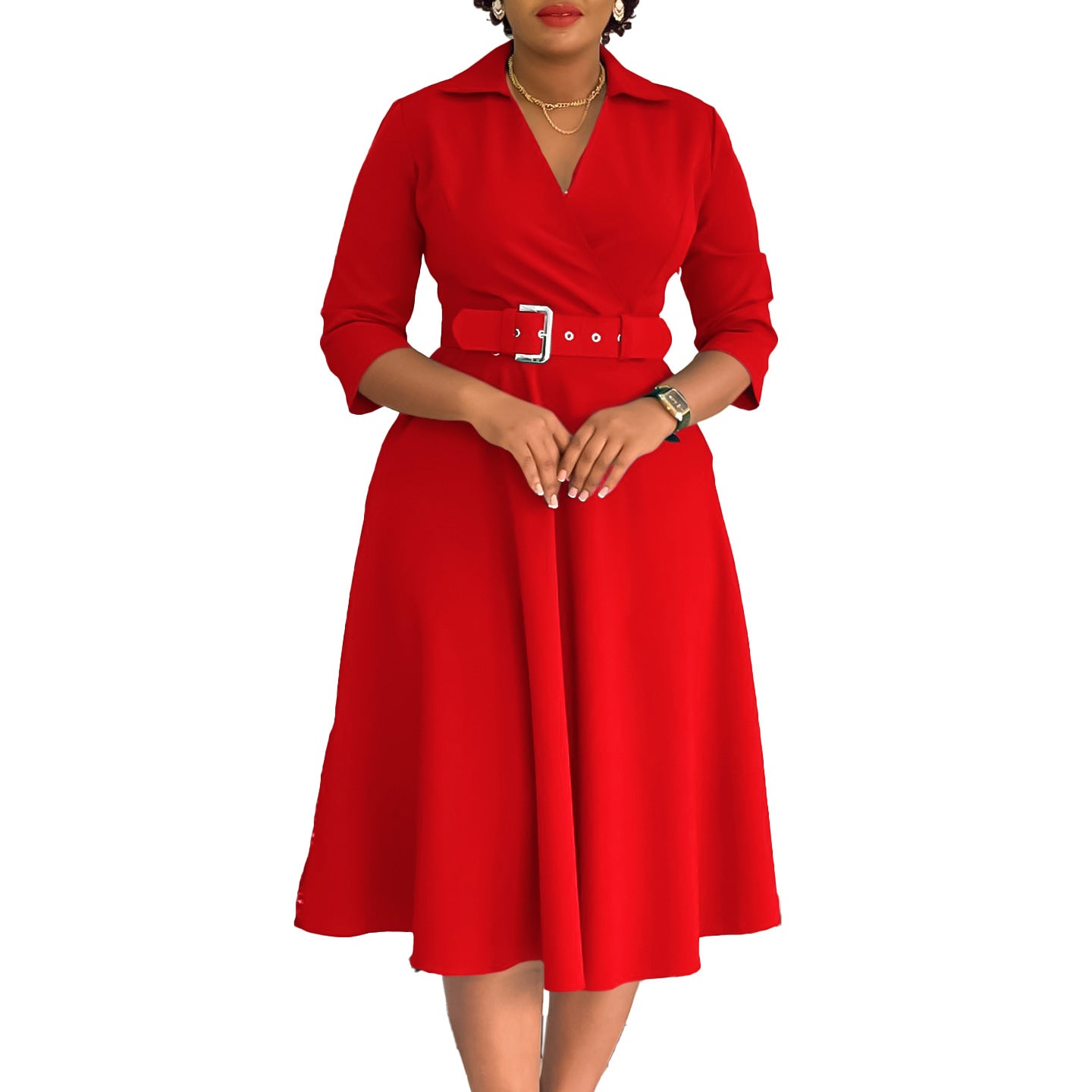 Stylish Solid Asymmetric Neck Belted 3/4 Sleeve Formal Dress for Women | For Formal Occasions