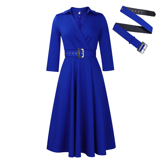 Stylish Solid Asymmetric Neck Belted 3/4 Sleeve Formal Dress for Women | For Formal Occasions