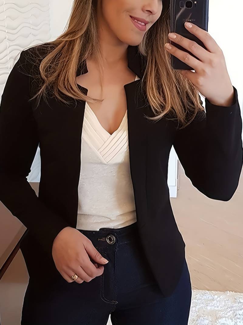 Women's Open Front Stand Collar Blazer with Solid Color