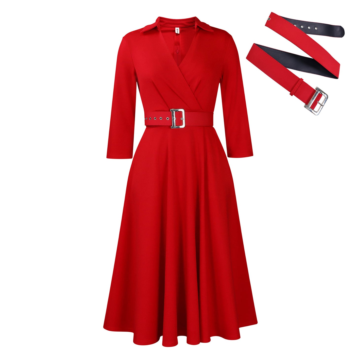 Stylish Solid Asymmetric Neck Belted 3/4 Sleeve Formal Dress for Women | For Formal Occasions