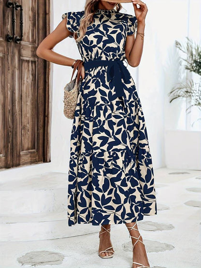 Women's Airy Floral Print Dress with Lace-Up Neckline
