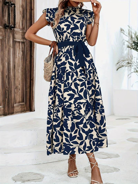 Women's Airy Floral Print Dress with Lace-Up Neckline