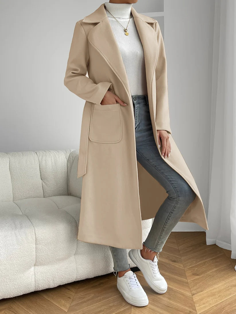 Elegant Patched Pocket Long Length Trench Coat With Solid Color Long Sleeves For Women | Ideal for Every Season