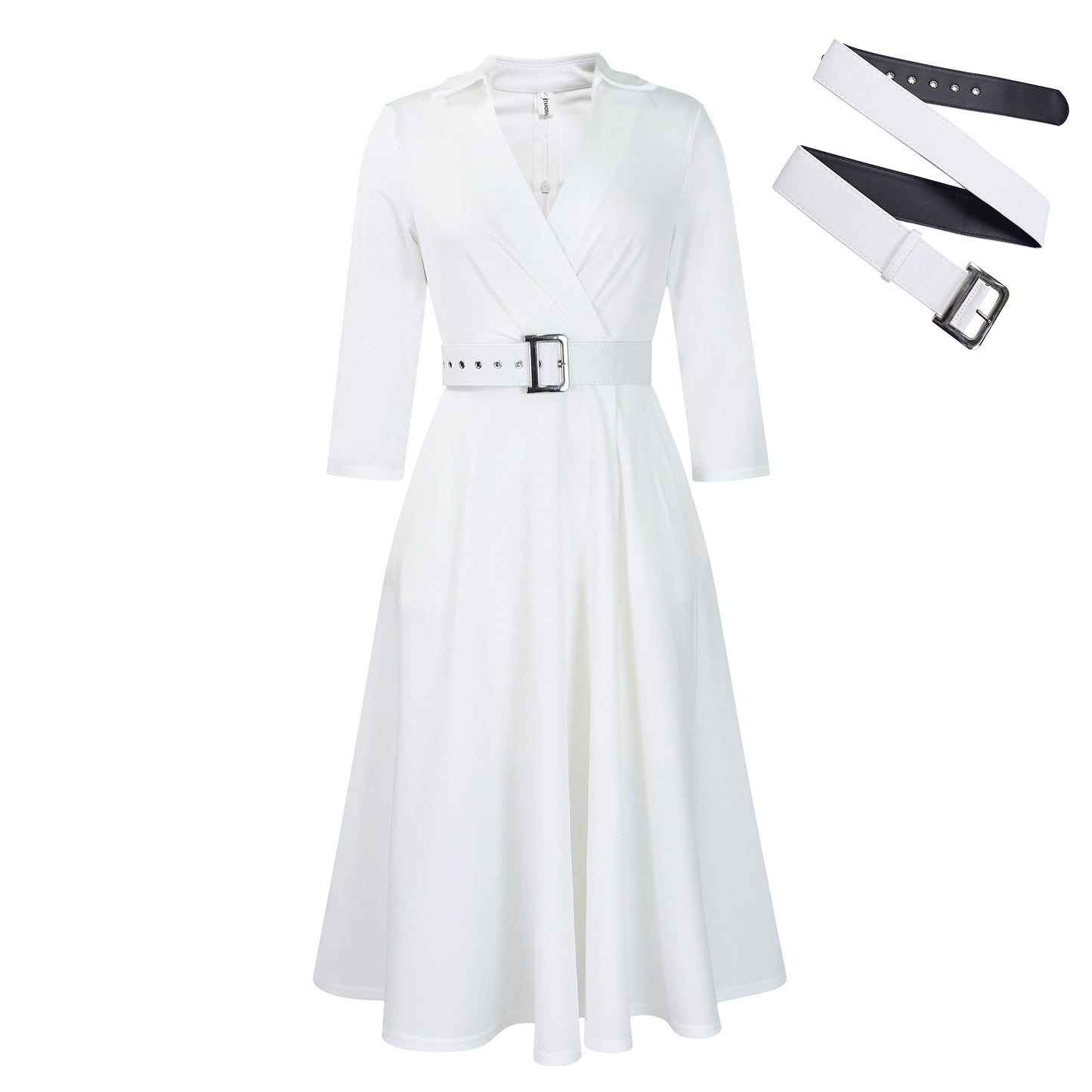 Stylish Solid Asymmetric Neck Belted 3/4 Sleeve Formal Dress for Women | For Formal Occasions