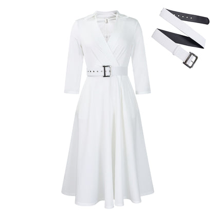 Stylish Solid Asymmetric Neck Belted 3/4 Sleeve Formal Dress for Women | For Formal Occasions