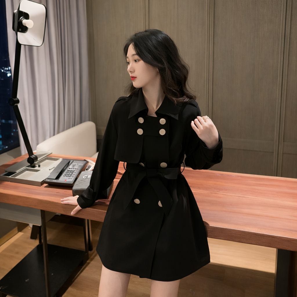 Belted Trench Coat With Solid Color Design For Women
