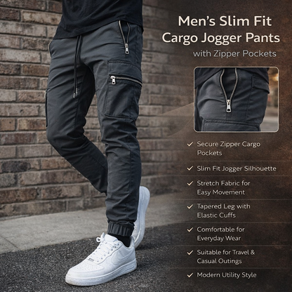Men's Cargo Pants Slim Fit Stretch Jogger Zipper Pockets
