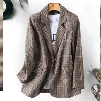 Women's Elegant Business Long Blazer with Grid Pattern