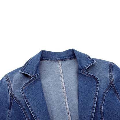 Women's Vintage blue denim blazer with pockets and button | Perfect for Casual Days