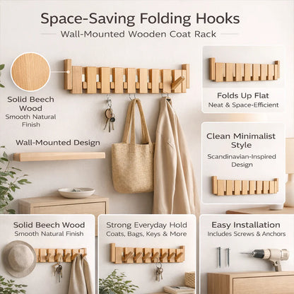 Wall Coat Rack Wood Foldable Hook Entryway Organizer