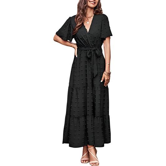Comfortable Flowy Plunging Neck Short Sleeve Midi Formal Dress for Women | For Formal Occasions